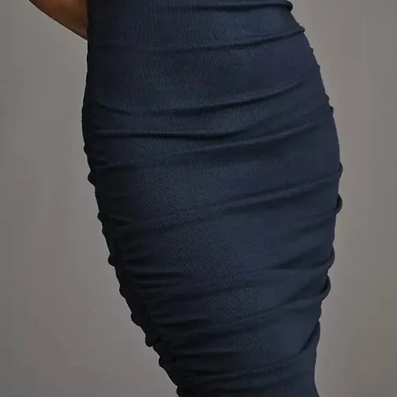 ANTHROPOLOGIE Michael Stars Gia Ribbed Power Shoulder Dress Navy Blue Medium M - Picture 2 of 8